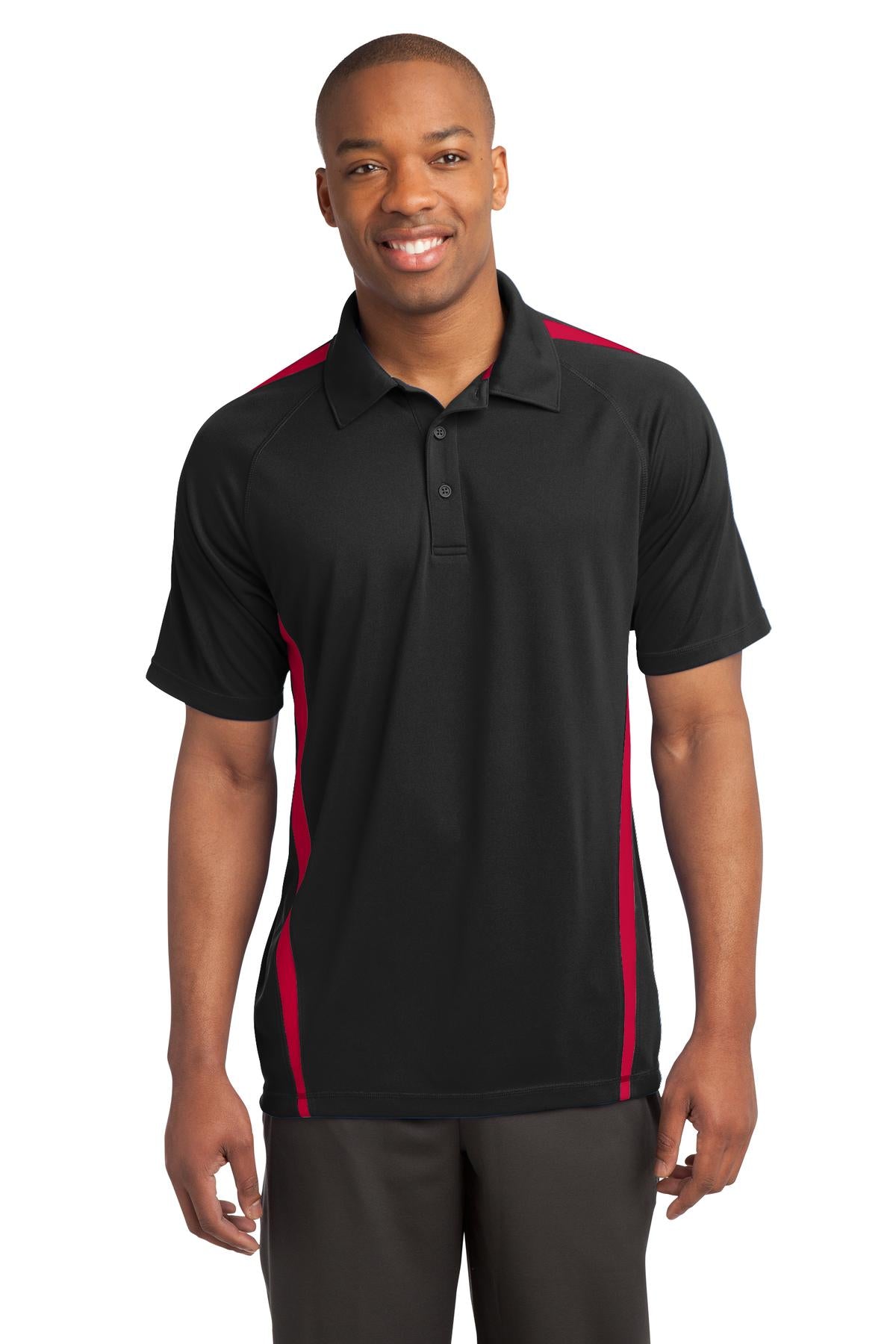 Front View of Black/Tr Red Sport-Tek PosiCharge Micro-Mesh Colorblock Polo. ST685