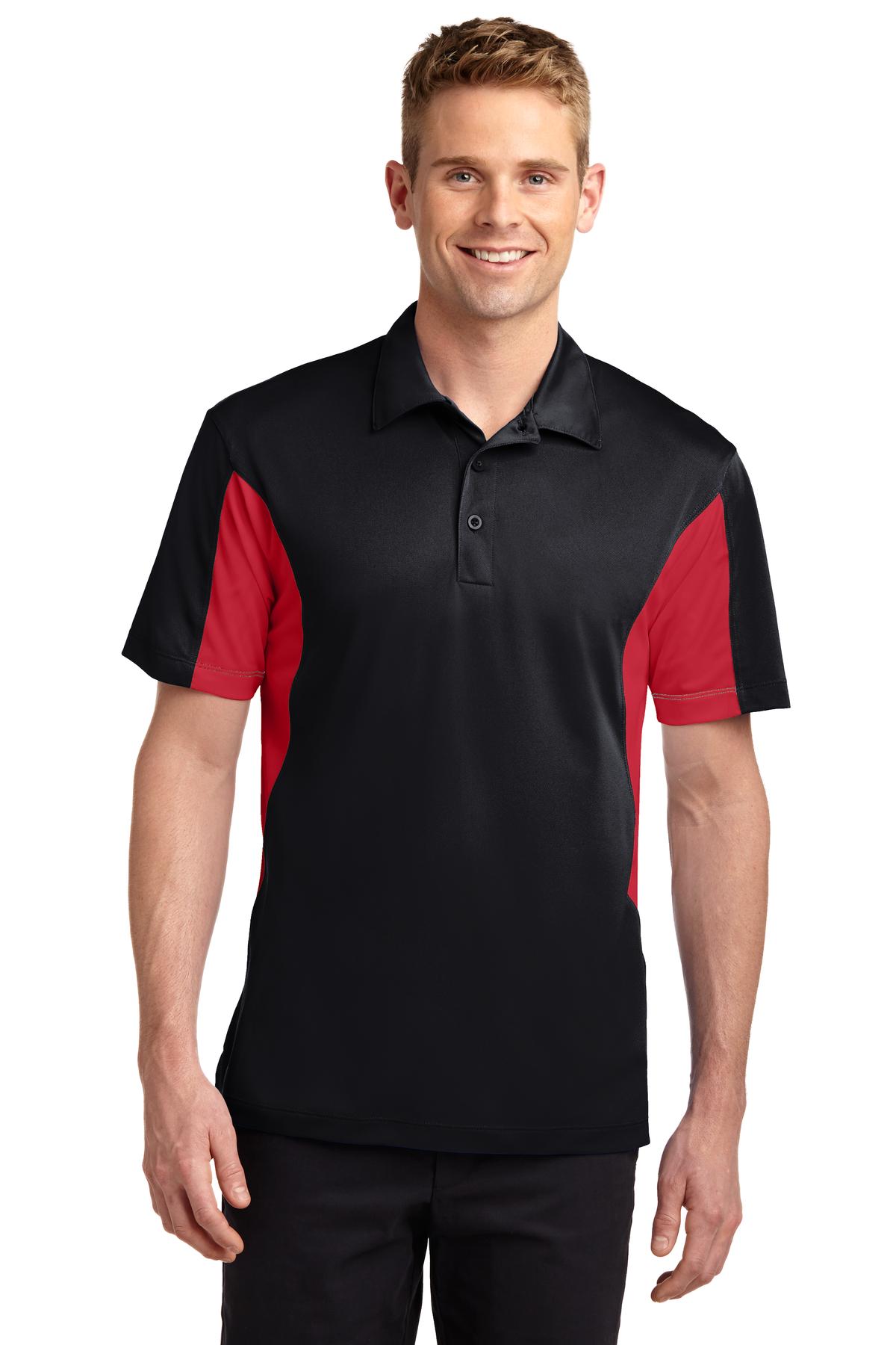 Front View of Black/Tr Red Sport-Tek Tall Side Blocked Micropique Sport-Wick Polo. TST655