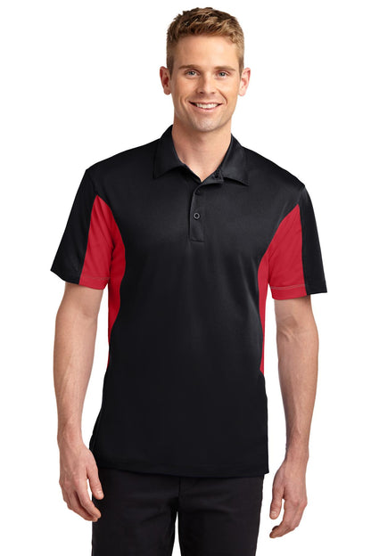 Front View of Black/Tr Red Sport-Tek Tall Side Blocked Micropique Sport-Wick Polo. TST655
