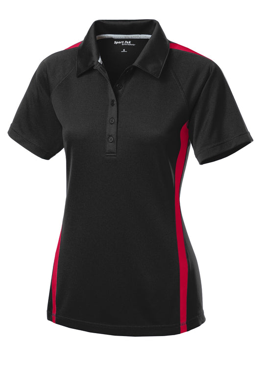 Front View of Black/Tr Red Sport-Tek Women's PosiCharge Micro-Mesh Colorblock Polo. LST685