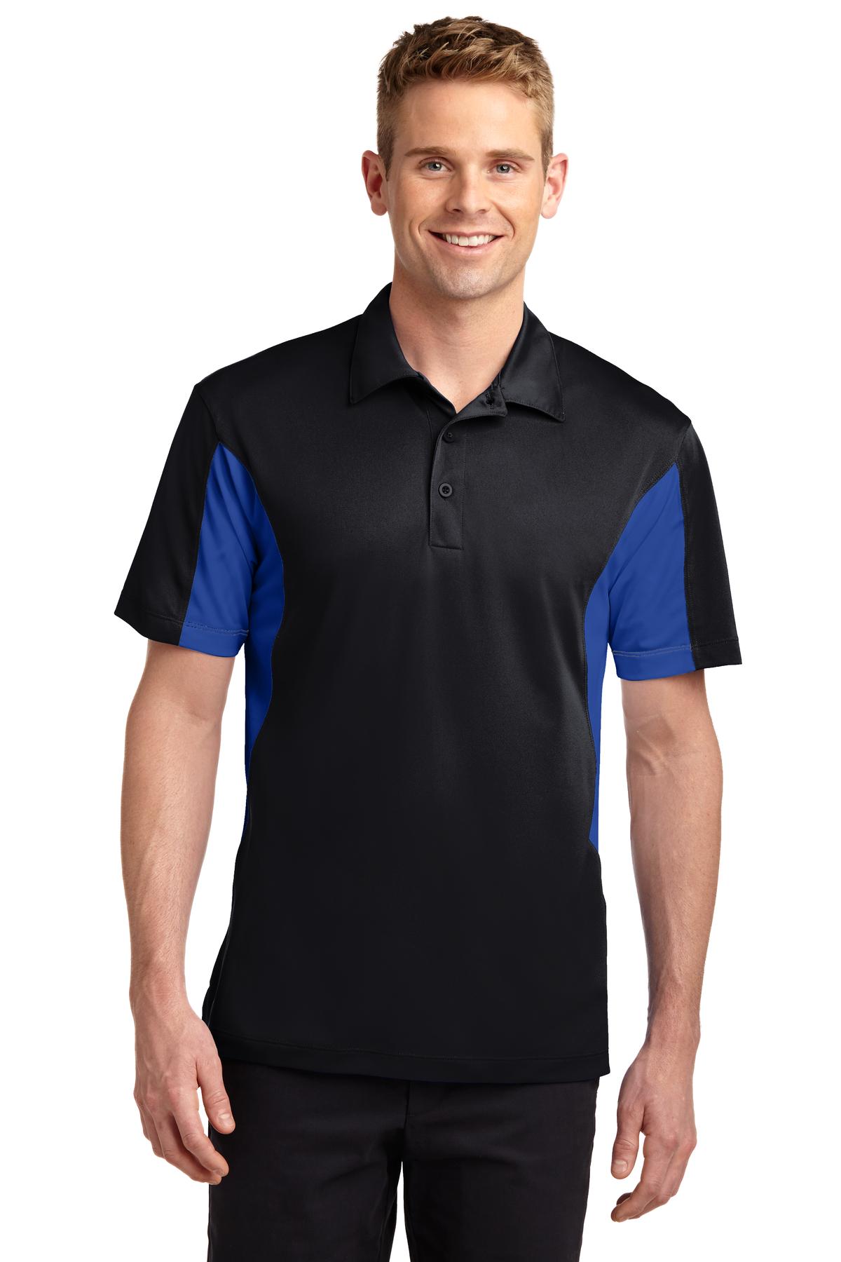 Front View of Black/Tr Royal Sport-Tek Tall Side Blocked Micropique Sport-Wick Polo. TST655