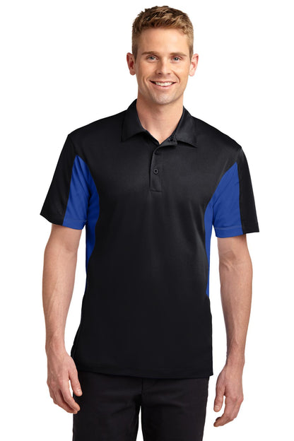 Front View of Black/Tr Royal Sport-Tek Tall Side Blocked Micropique Sport-Wick Polo. TST655