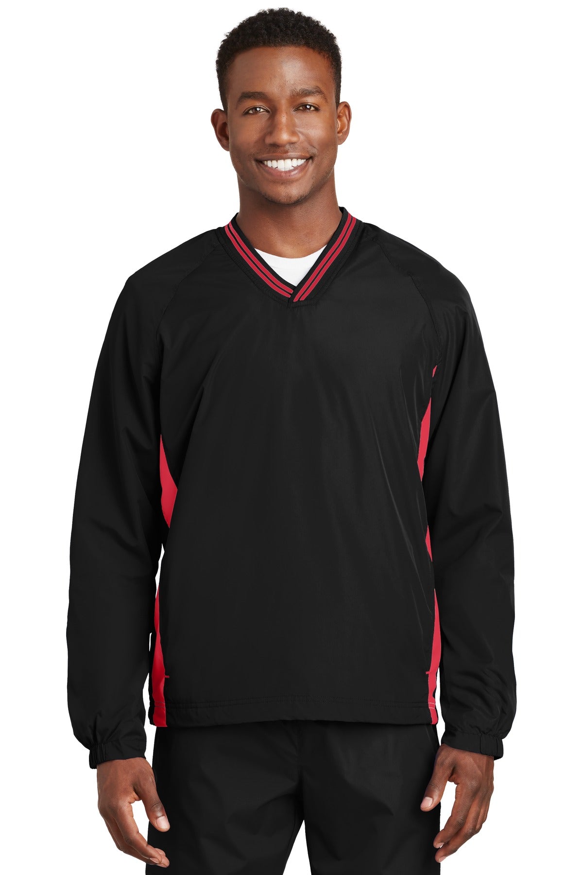 Front View of Black/True Red Sport-Tek Tipped V-Neck Raglan Wind Shirt. JST62