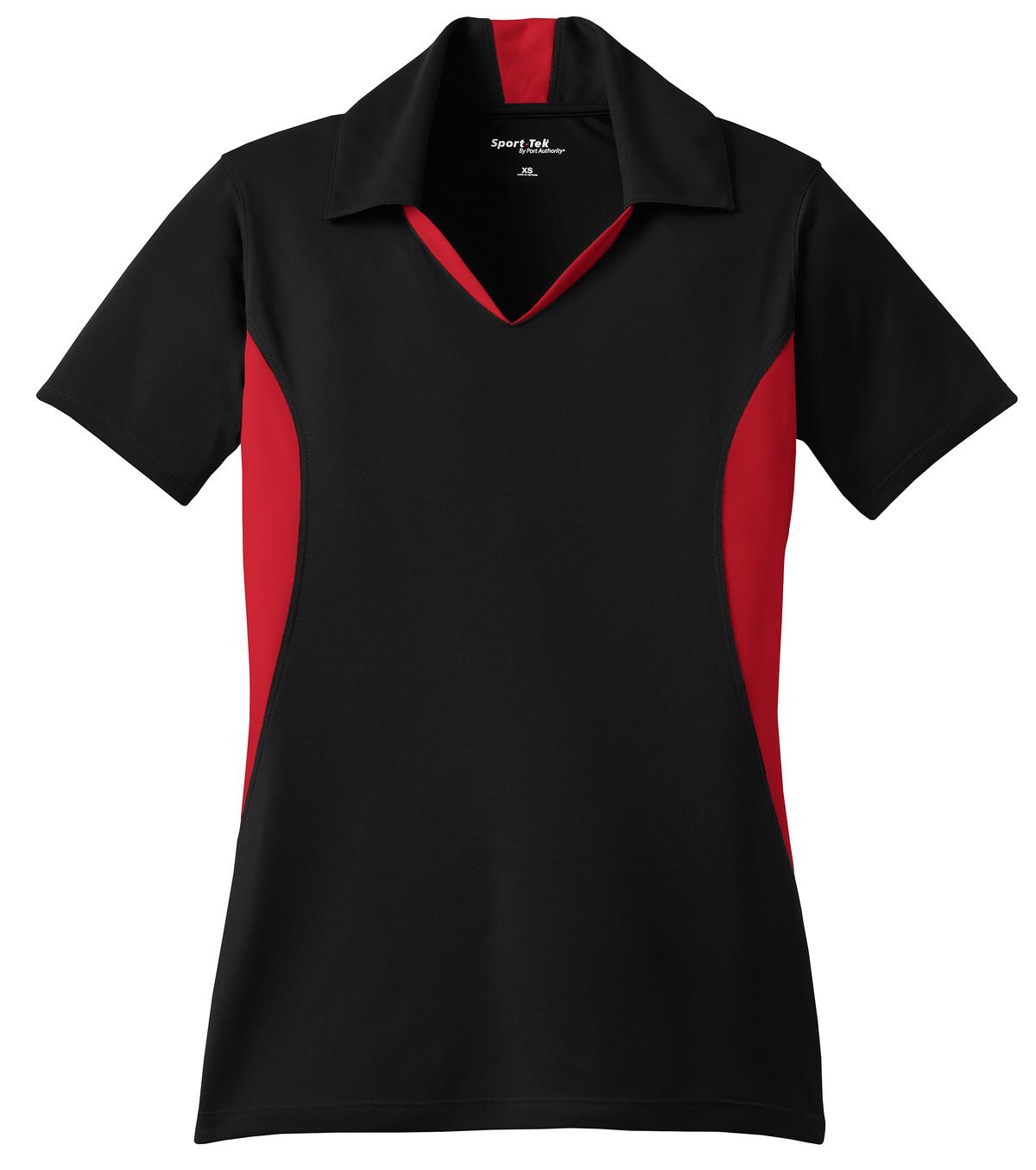 Front View of Black/True Red Sport-Tek Women's Side Blocked Micropique Sport-Wick Polo. LST655