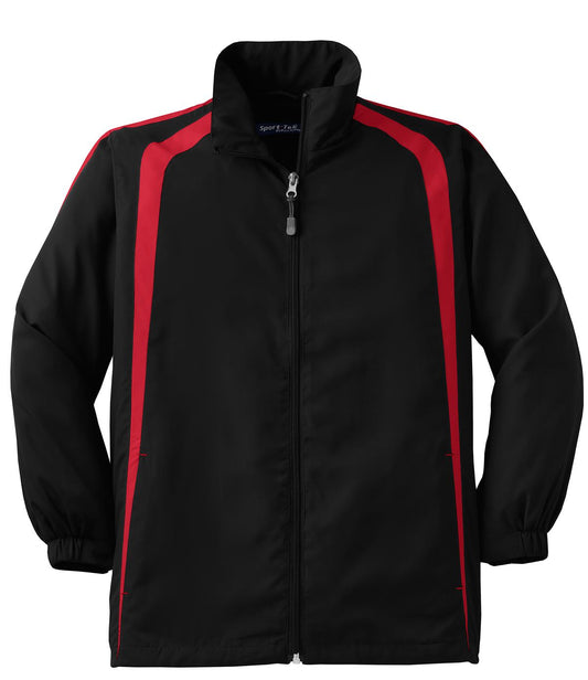 Front View of Black/True Red Sport-Tek Youth Colorblock Raglan Jacket. YST60