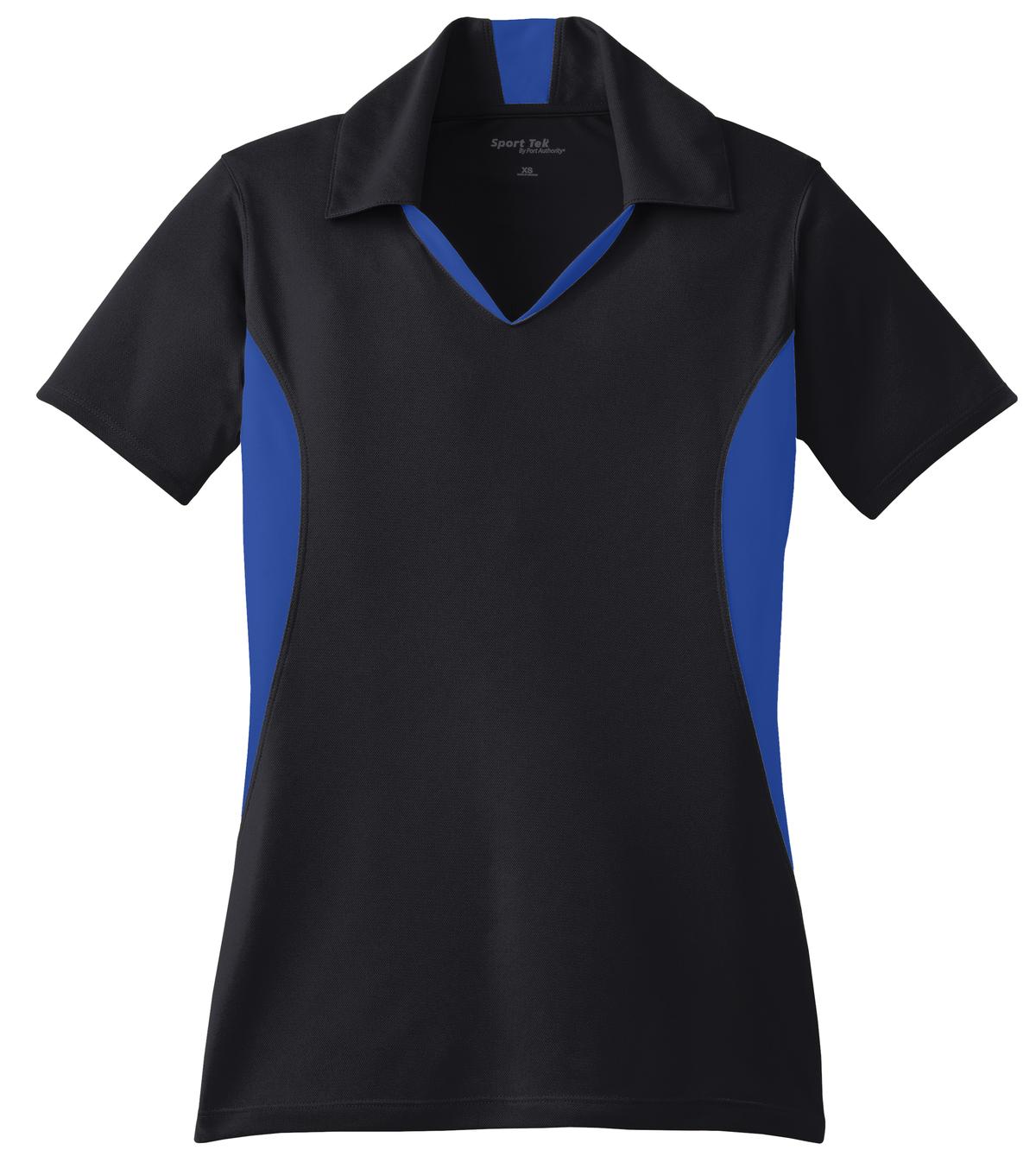 Front View of Black/True Ryl Sport-Tek Women's Side Blocked Micropique Sport-Wick Polo. LST655