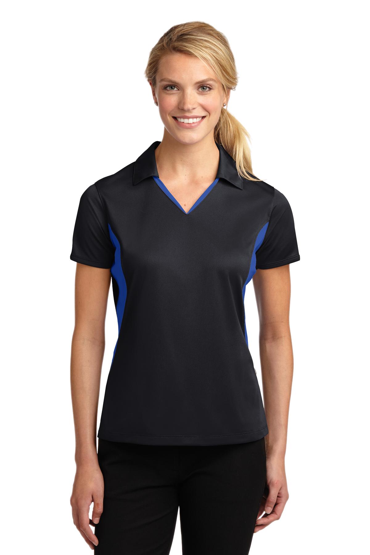 Front View of Black/True Ryl Sport-Tek Women's Side Blocked Micropique Sport-Wick Polo. LST655