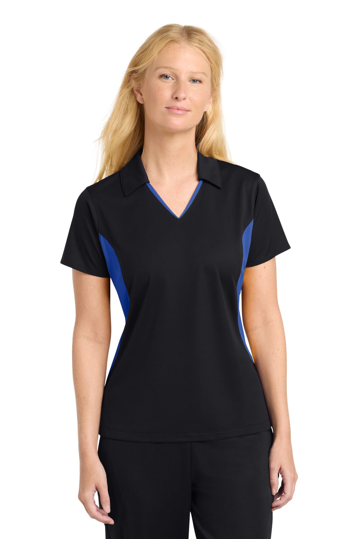 Front View of Black/True Ryl Sport-Tek Women's Side Blocked Micropique Sport-Wick Polo. LST655