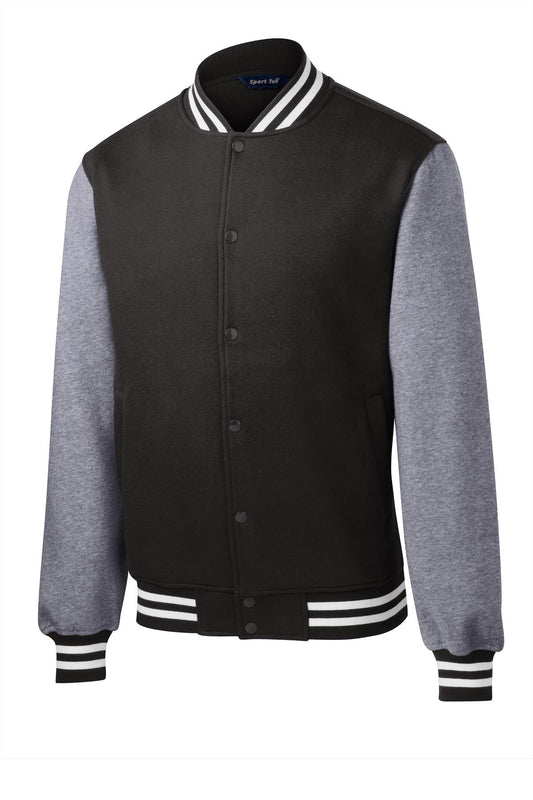Front View of Black/Vnt Hthr Sport-Tek Fleece Letterman Jacket. ST270