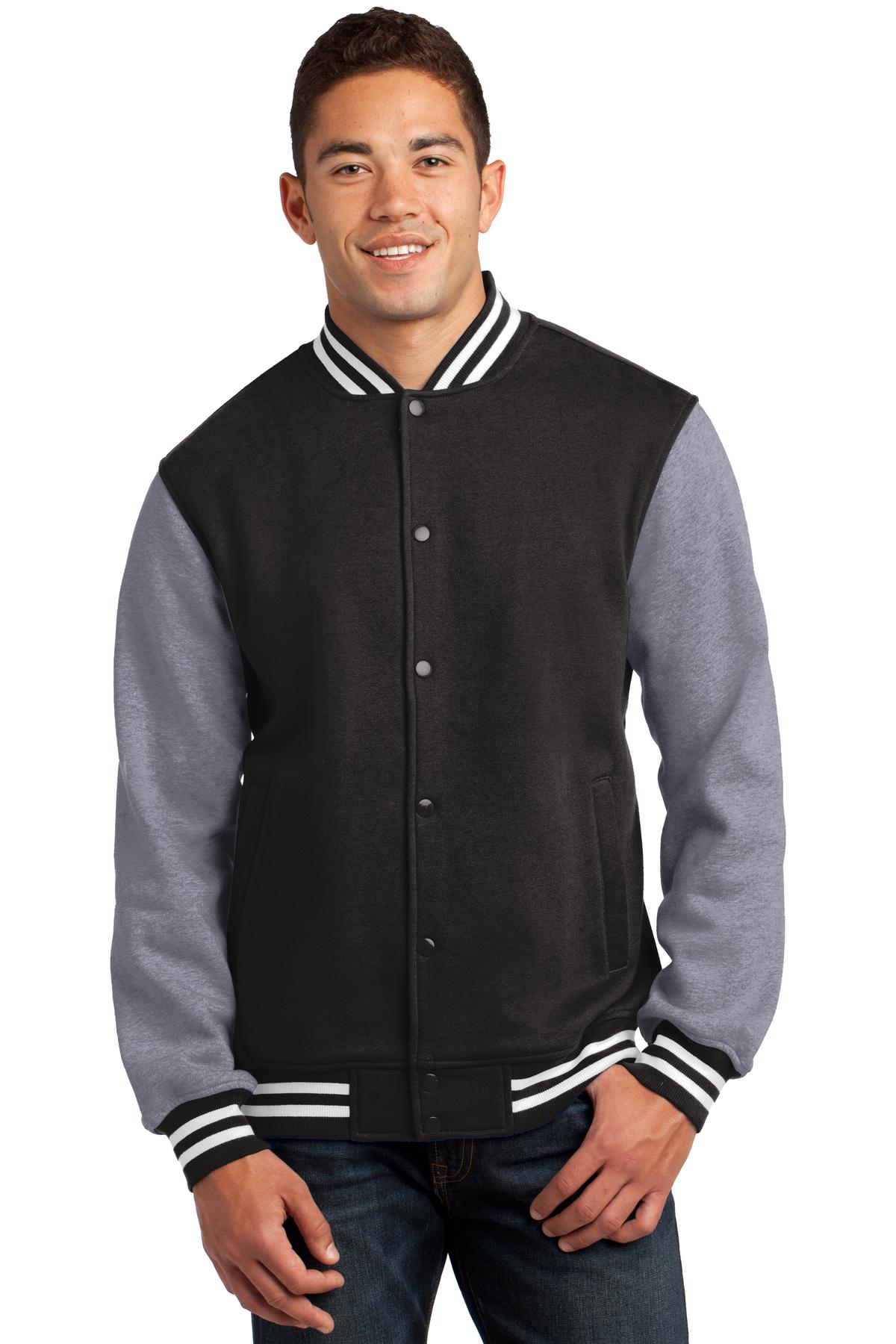 Front View of Black/Vnt Hthr Sport-Tek Fleece Letterman Jacket. ST270