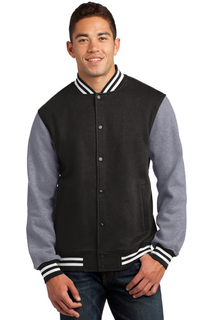 Front View of Black/Vnt Hthr Sport-Tek Fleece Letterman Jacket. ST270