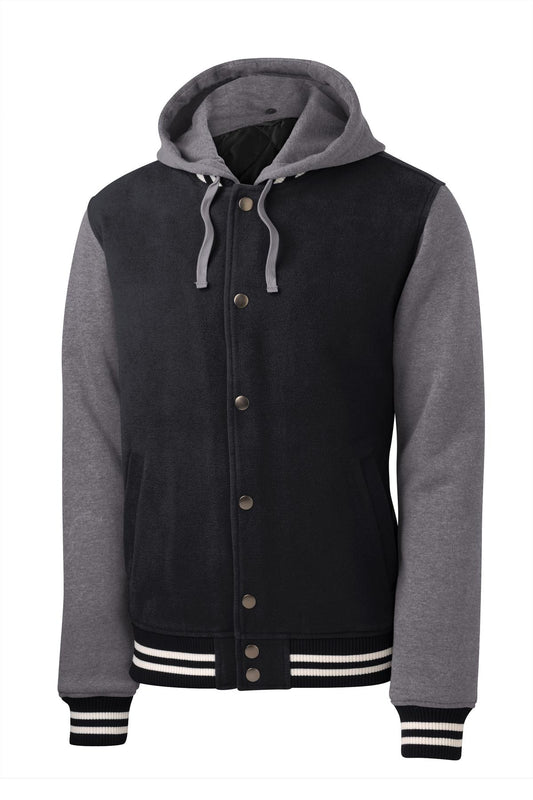Front View of Black/Vnt Hthr Sport-Tek Insulated Letterman Jacket. JST82