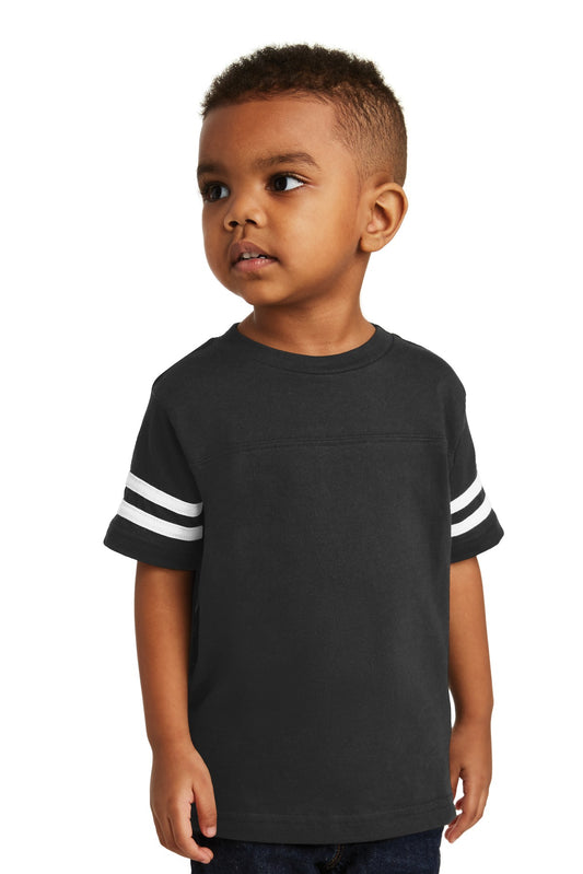 Front View of Black/White DISCONTINUED Rabbit Skins Toddler Football Fine Jersey Tee. RS3037