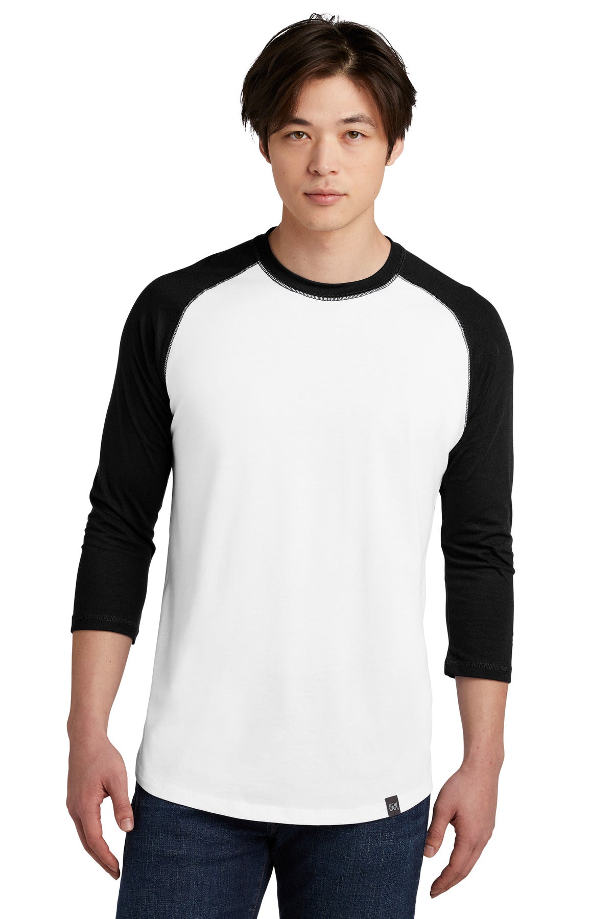 Front View of Black/White New Era Heritage Blend 3/4-Sleeve Baseball Raglan Tee. NEA104