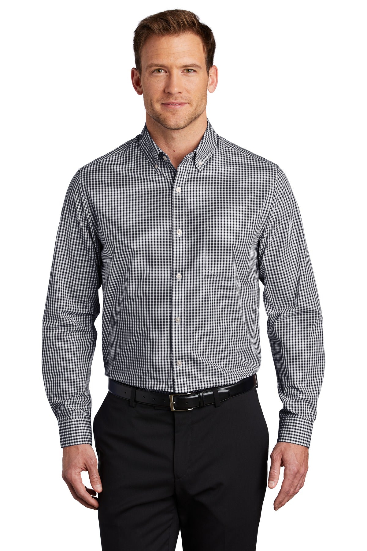 Front View of Black/White Port Authority Broadcloth Gingham Easy Care Shirt W644
