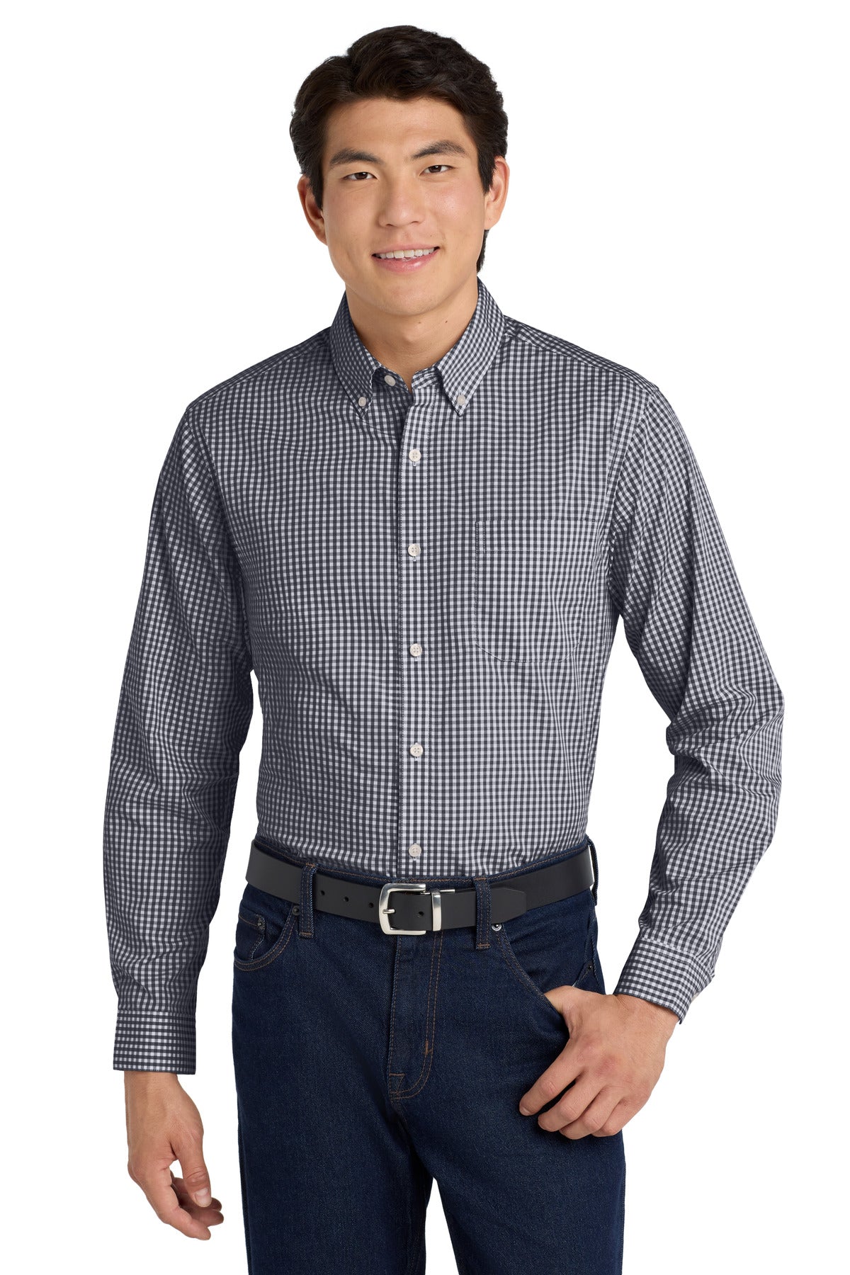 Front View of Black/White Port Authority Broadcloth Gingham Easy Care Shirt W644