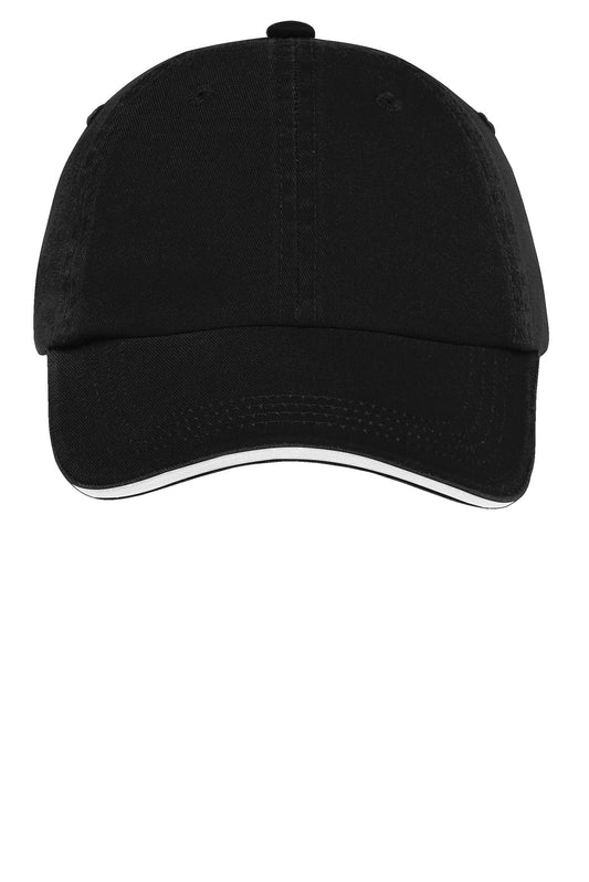Front View of Black/White Port Authority Sandwich Bill Cap with Striped Closure. C830