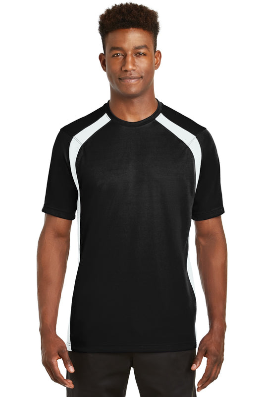 Front View of Black/White Sport-Tek Dry Zone Colorblock Crew. T478