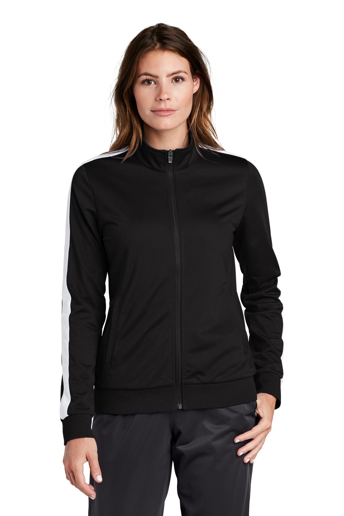 Front View of Black/White Sport-Tek Ladies Tricot Sleeve Stripe Track Jacket. LST94
