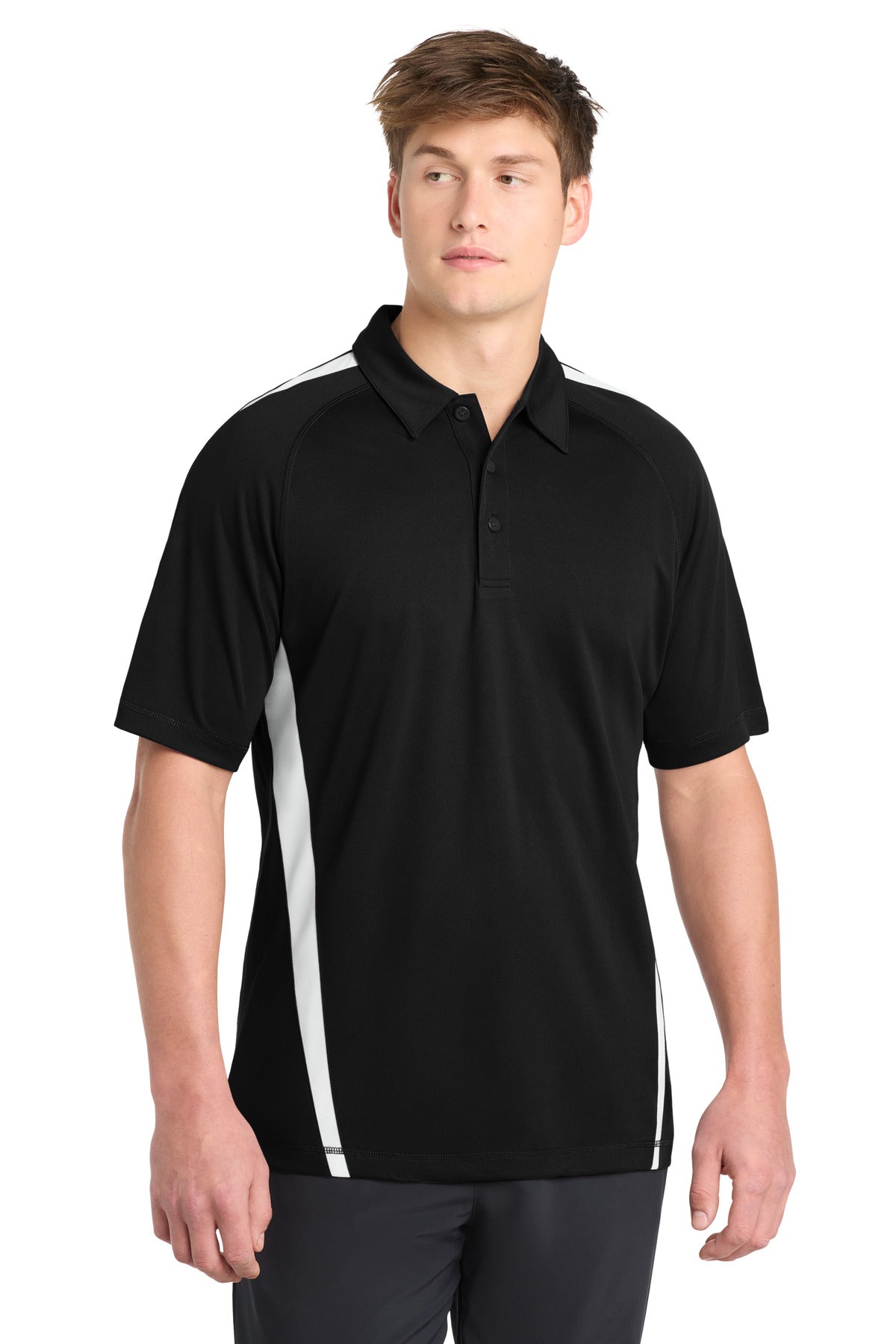 Front View of Black/White Sport-Tek PosiCharge Micro-Mesh Colorblock Polo. ST685