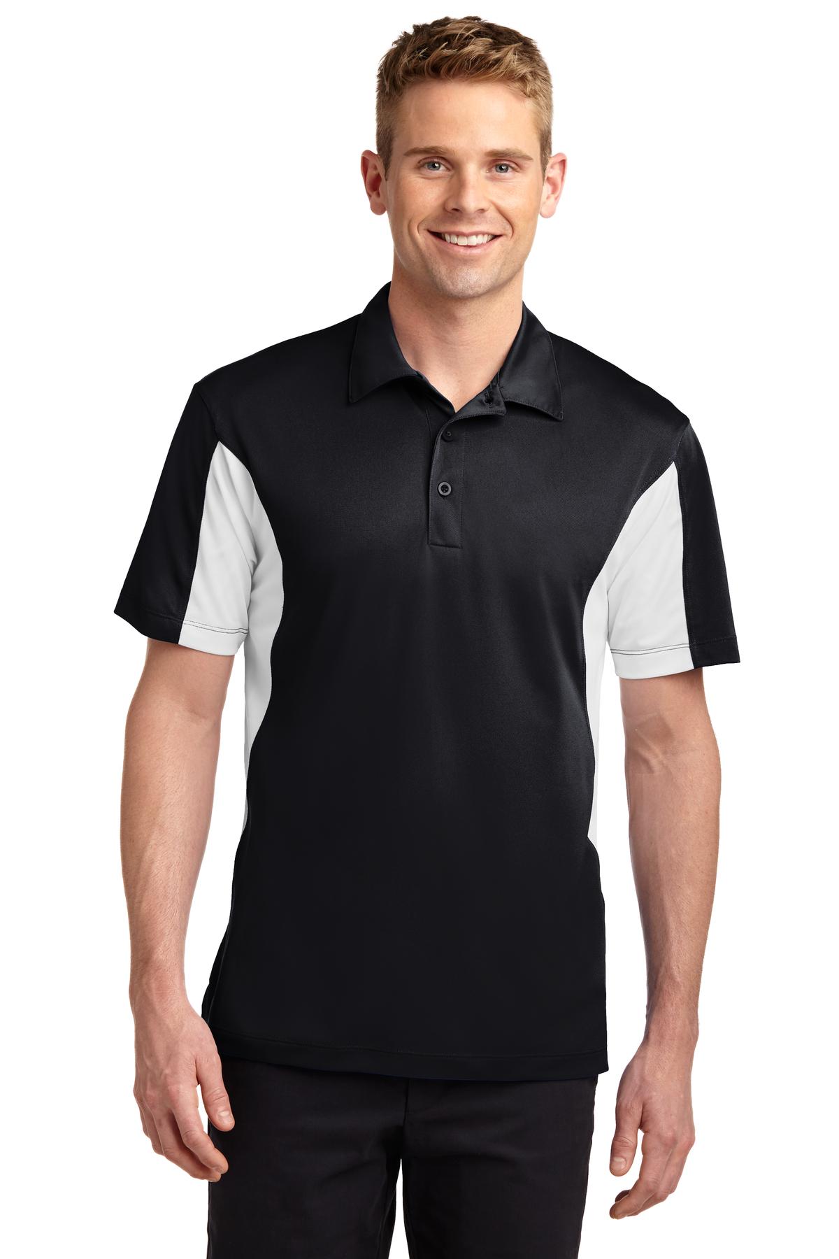 Front View of Black/White Sport-Tek Tall Side Blocked Micropique Sport-Wick Polo. TST655