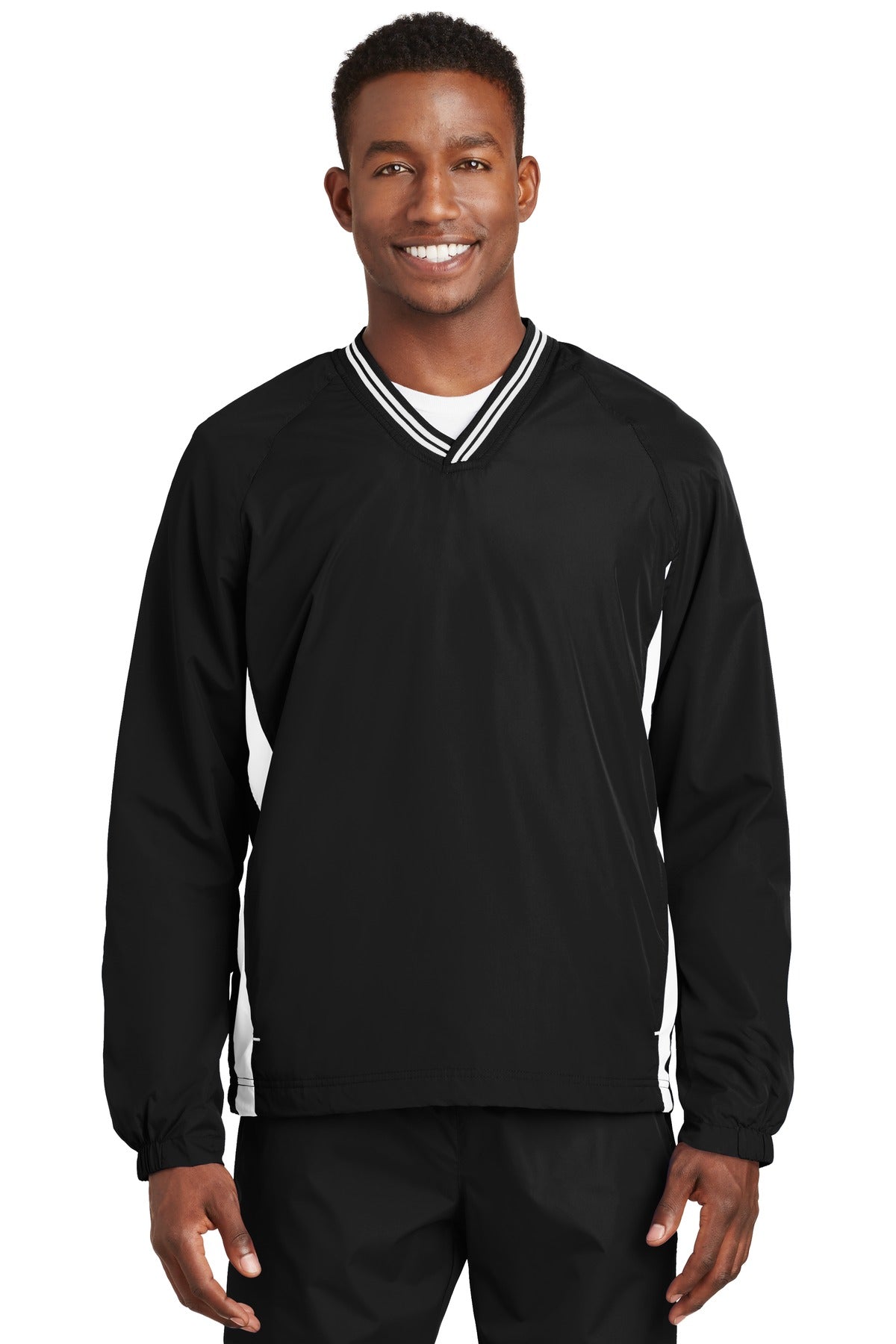 Front View of Black/White Sport-Tek Tipped V-Neck Raglan Wind Shirt. JST62