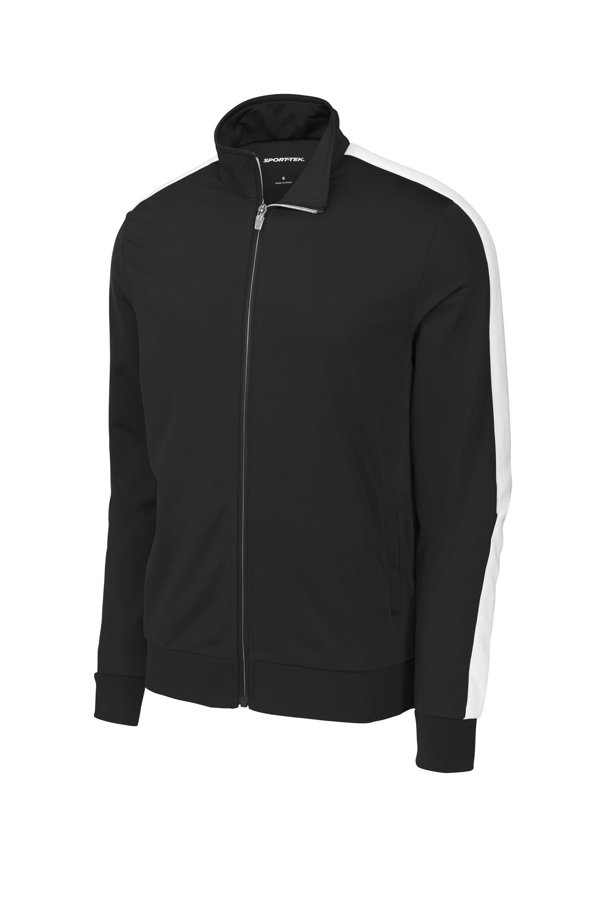 Front View of Black/White Sport-Tek Tricot Sleeve Stripe Track Jacket. JST94