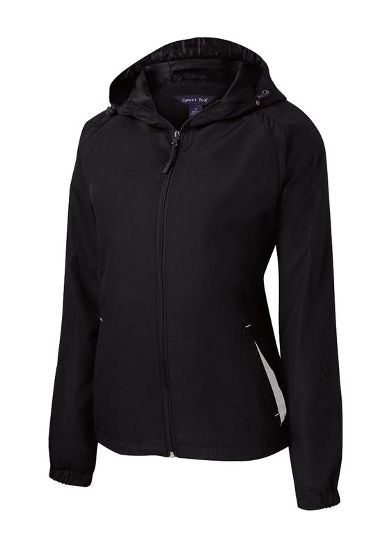 Front View of Black/White Sport-Tek Women's Colorblock Hooded Raglan Jacket. LST76