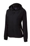 Front View of Black/White Sport-Tek Women's Colorblock Hooded Raglan Jacket. LST76