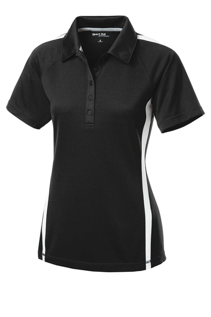 Front View of Black/White Sport-Tek Women's PosiCharge Micro-Mesh Colorblock Polo. LST685