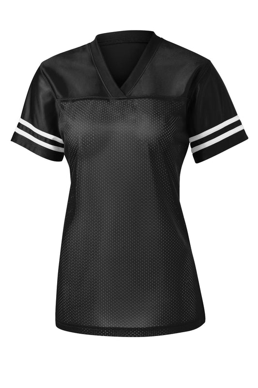 Front View of Black/White Sport-Tek Women's PosiCharge Replica Jersey. LST307