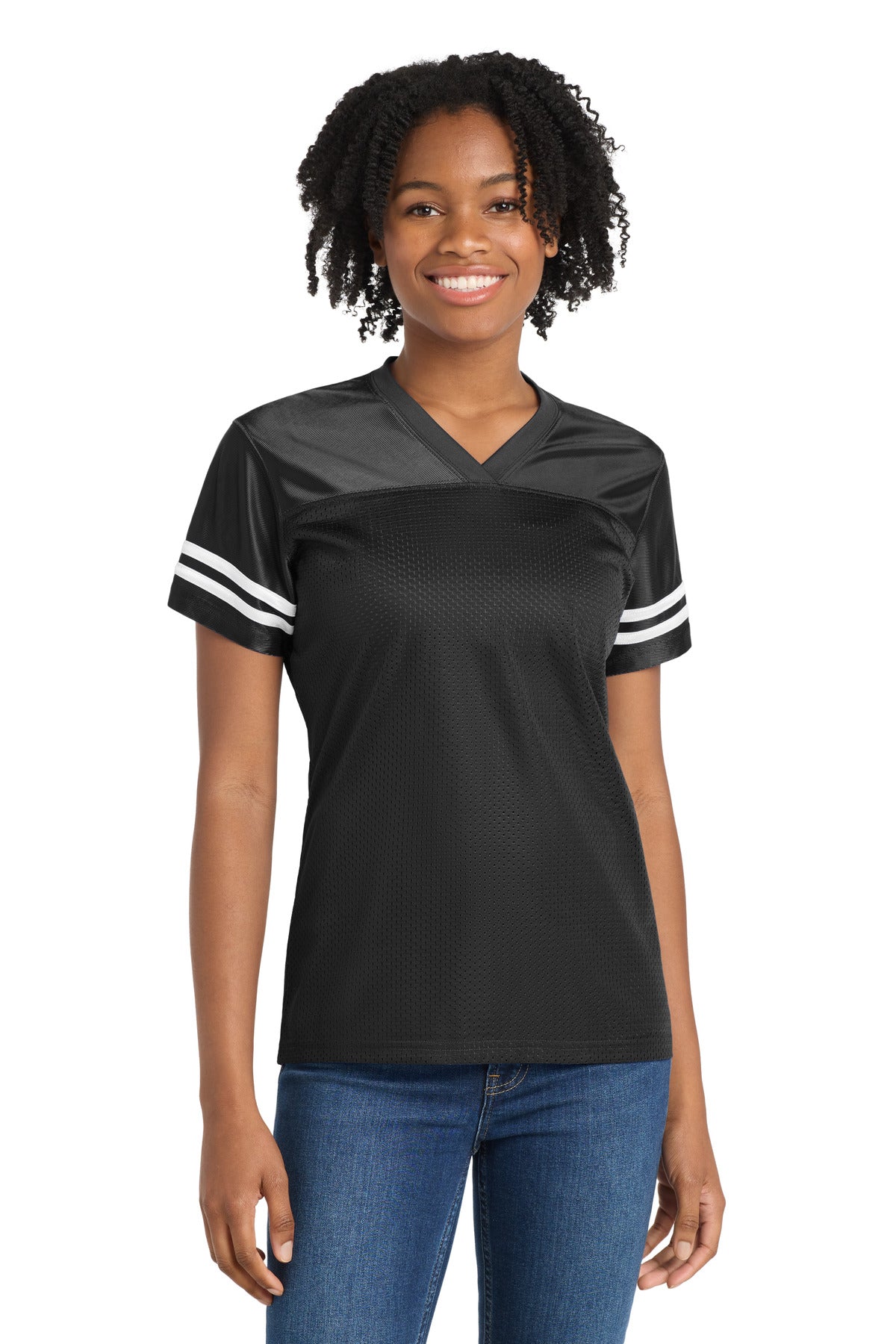 Front View of Black/White Sport-Tek Women's PosiCharge Replica Jersey. LST307
