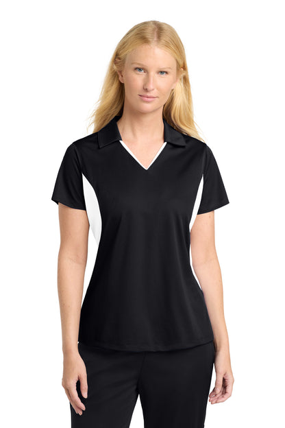 Front View of Black/White Sport-Tek Women's Side Blocked Micropique Sport-Wick Polo. LST655