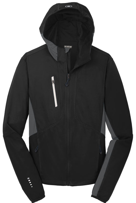Front View of Blcktp/Gear Gy OGIO Pivot Soft Shell. OE721