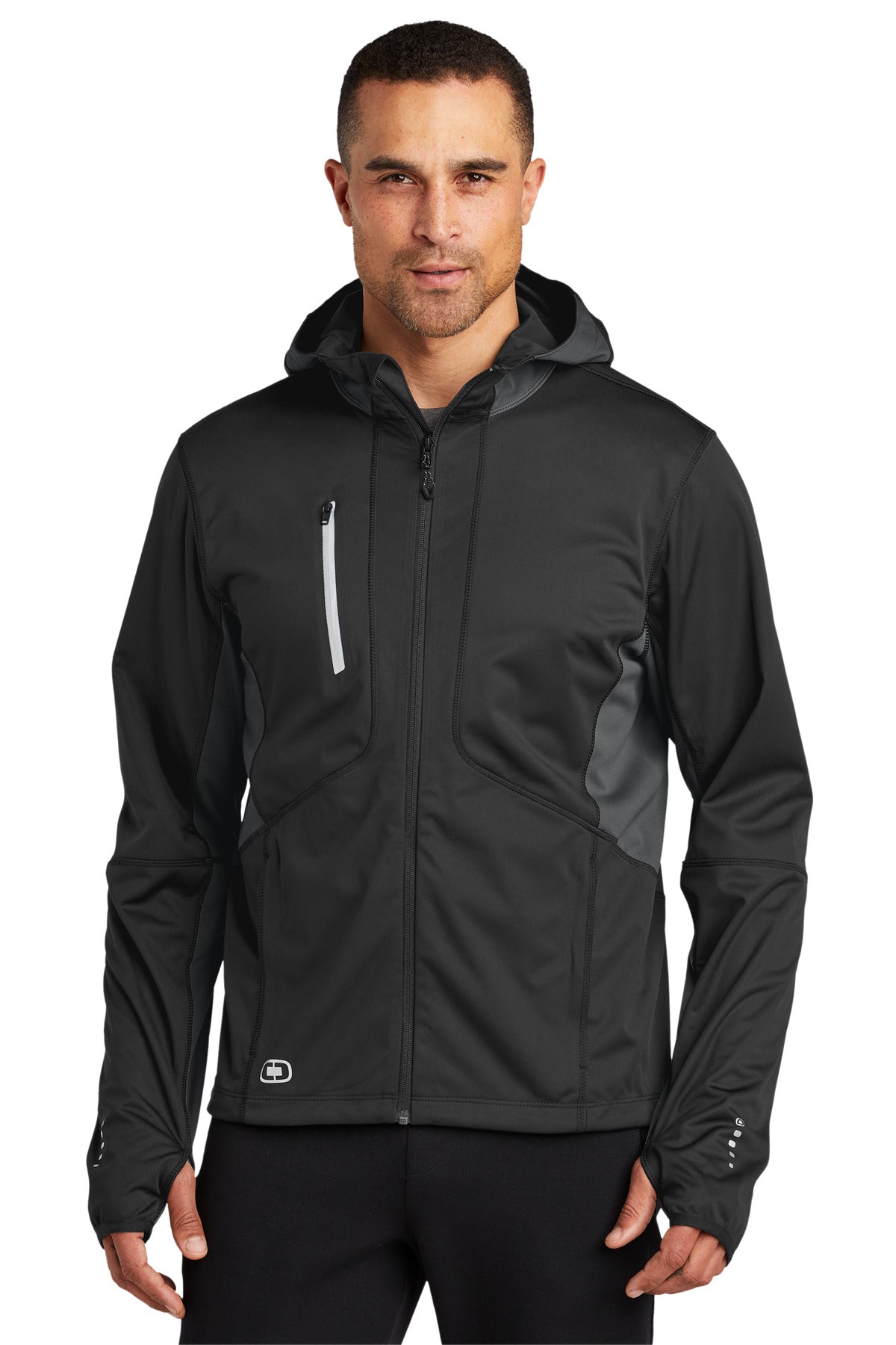 Front View of Blcktp/Gear Gy OGIO Pivot Soft Shell. OE721