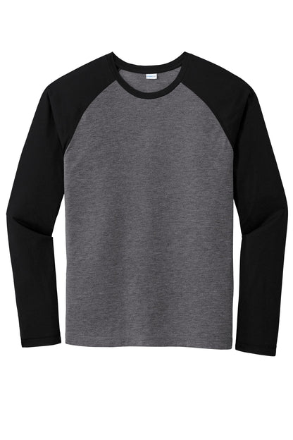 Front View of Blk TS/Dk Gy H Sport-Tek PosiCharge Long Sleeve Tri-Blend Wicking Raglan Tee ST400LS