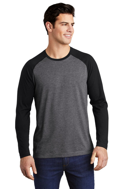 Front View of Blk TS/Dk Gy H Sport-Tek PosiCharge Long Sleeve Tri-Blend Wicking Raglan Tee ST400LS