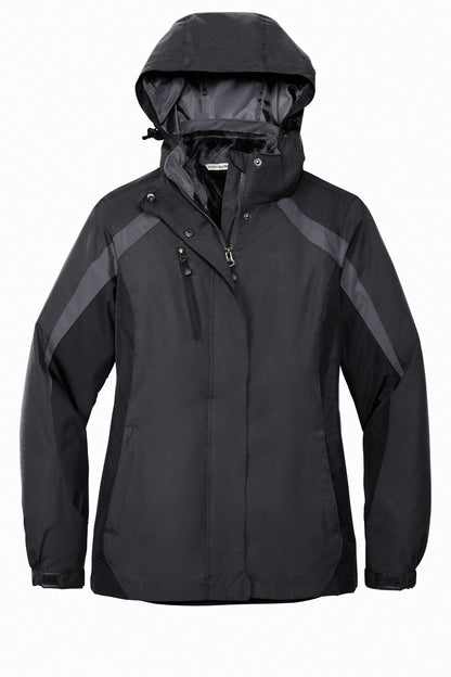 Front View of Blk/Blk/Mag Gy Port Authority Women's Colorblock 3-in-1 Jacket. L321