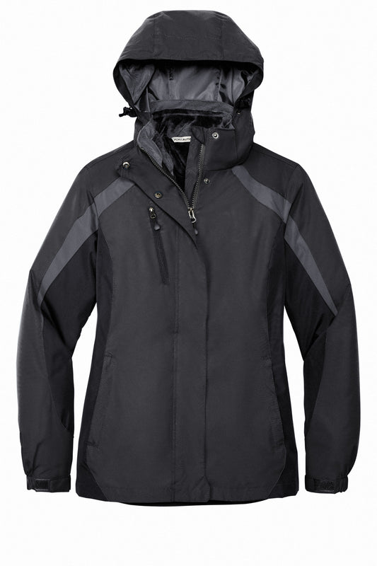Front View of Blk/Blk/Mag Gy Port Authority Women's Colorblock 3-in-1 Jacket. L321
