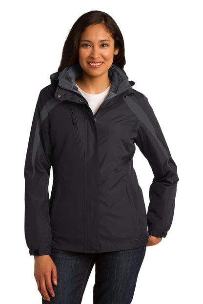 Front View of Blk/Blk/Mag Gy Port Authority Women's Colorblock 3-in-1 Jacket. L321