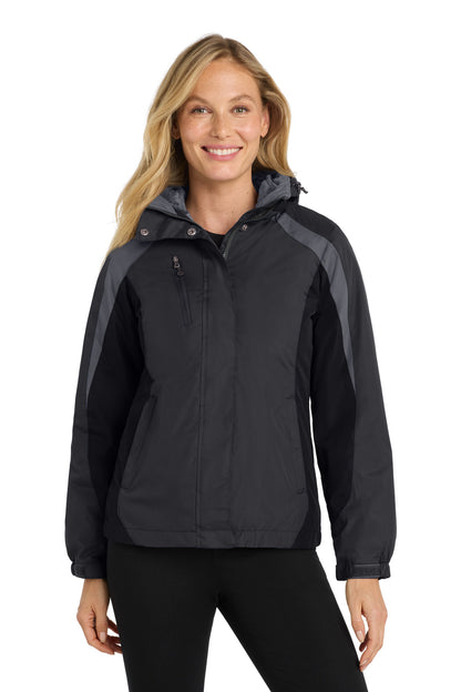 Front View of Blk/Blk/Mag Gy Port Authority Women's Colorblock 3-in-1 Jacket. L321