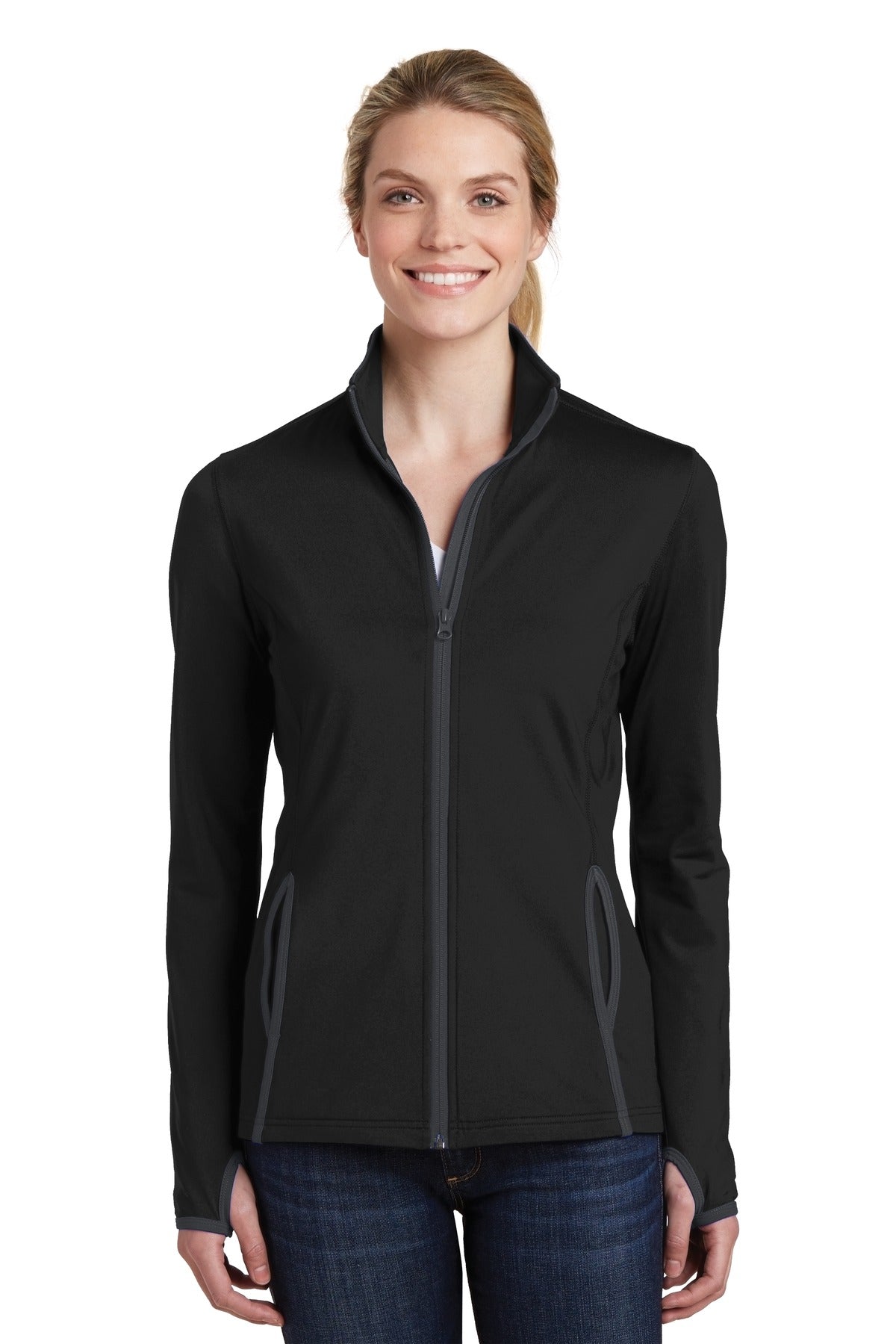 Front View of Blk/Char Grey Sport-Tek Women's Sport-Wick Stretch Contrast Full-Zip Jacket. LST853