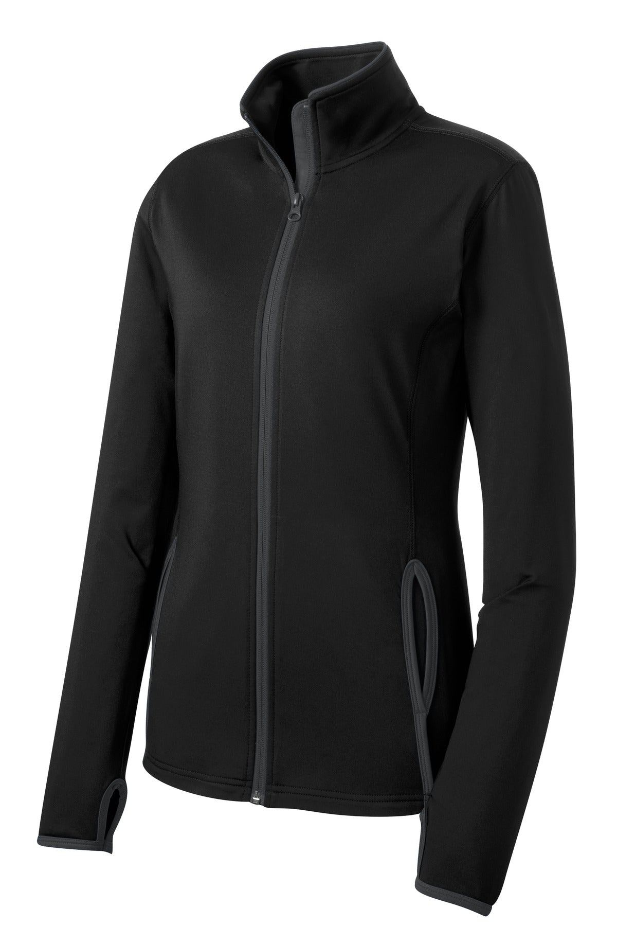 Front View of Blk/Char Grey Sport-Tek Women's Sport-Wick Stretch Contrast Full-Zip Jacket. LST853