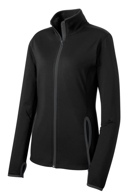 Front View of Blk/Char Grey Sport-Tek Women's Sport-Wick Stretch Contrast Full-Zip Jacket. LST853