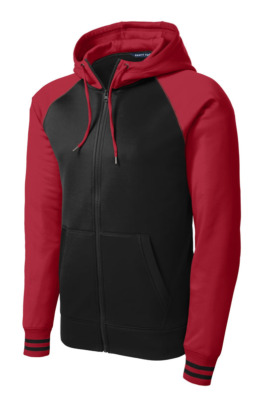 Front View of Blk/Deep Red Sport-Tek Sport-Wick Varsity Fleece Full-Zip Hooded Jacket. ST236