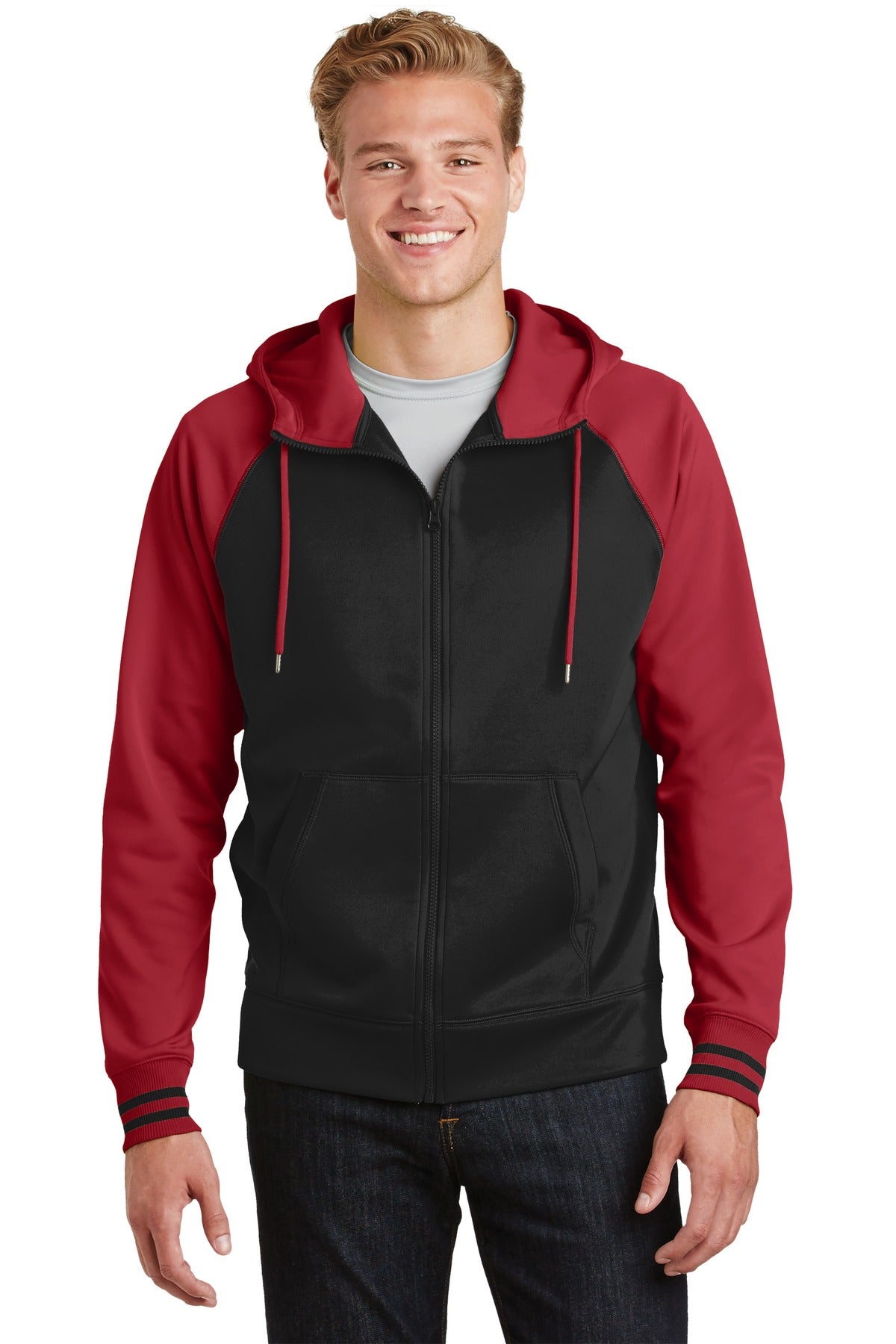 Front View of Blk/Deep Red Sport-Tek Sport-Wick Varsity Fleece Full-Zip Hooded Jacket. ST236
