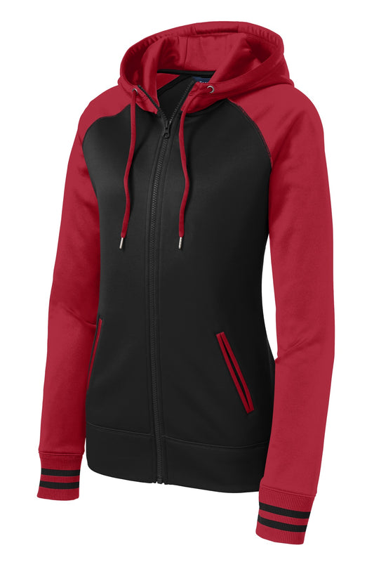 Front View of Blk/Deep Red Sport-Tek Women's Sport-Wick Varsity Fleece Full-Zip Hooded Jacket. LST236
