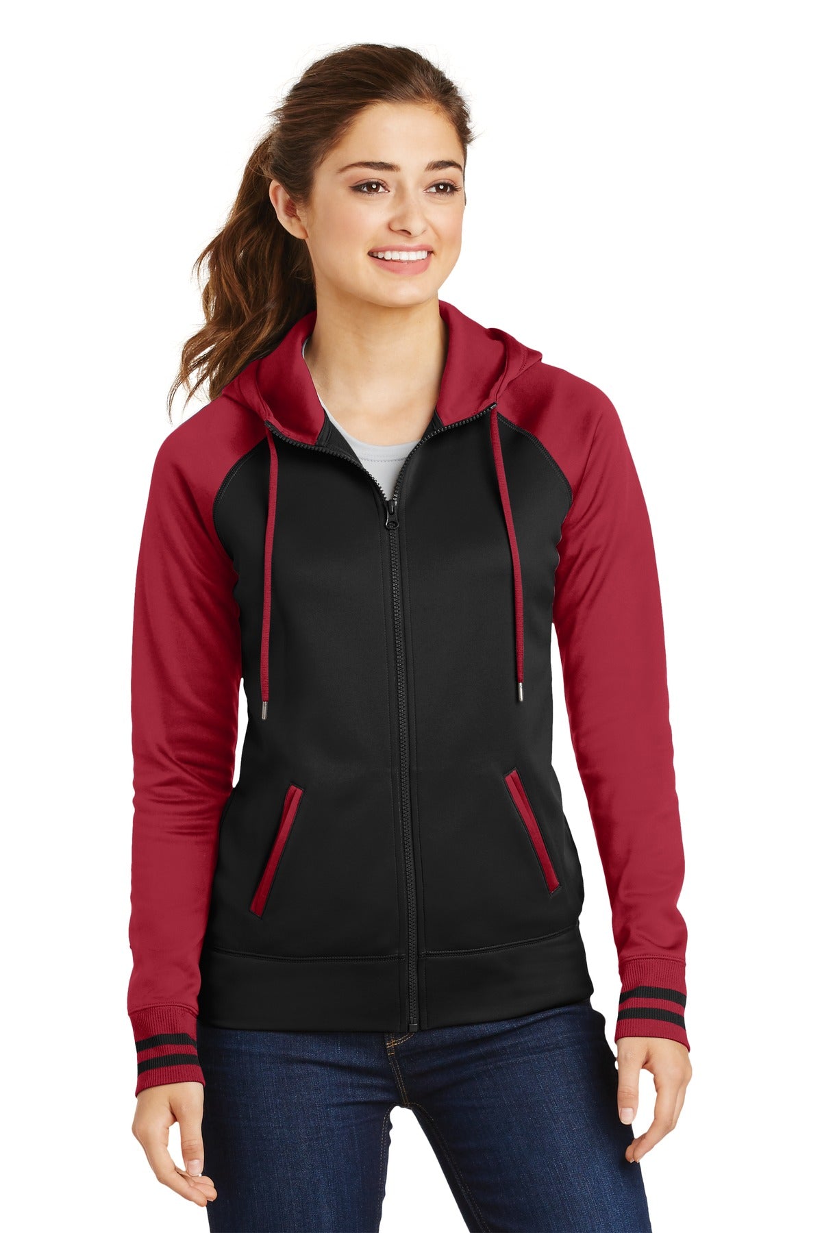 Front View of Blk/Deep Red Sport-Tek Women's Sport-Wick Varsity Fleece Full-Zip Hooded Jacket. LST236