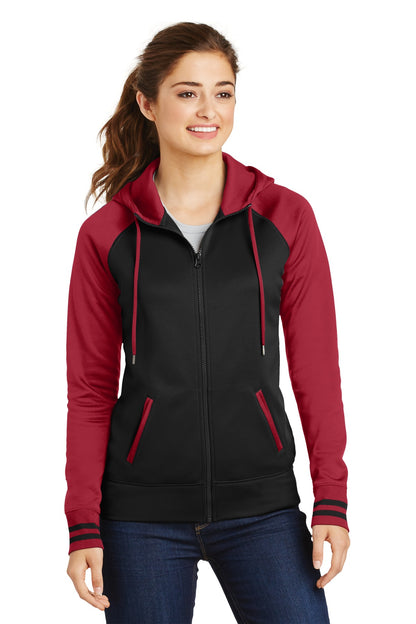 Front View of Blk/Deep Red Sport-Tek Women's Sport-Wick Varsity Fleece Full-Zip Hooded Jacket. LST236