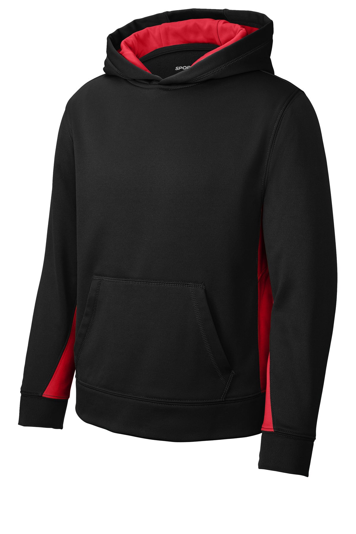 Front View of Blk/Deep Red Sport-Tek Youth Sport-Wick Fleece Colorblock Hooded Pullover. YST235